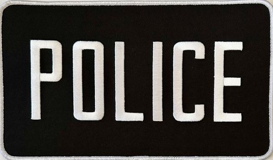 POLICE 5" X 9" PATCH - WHITE on BLACK, WHITE TRIM - SEW ON.